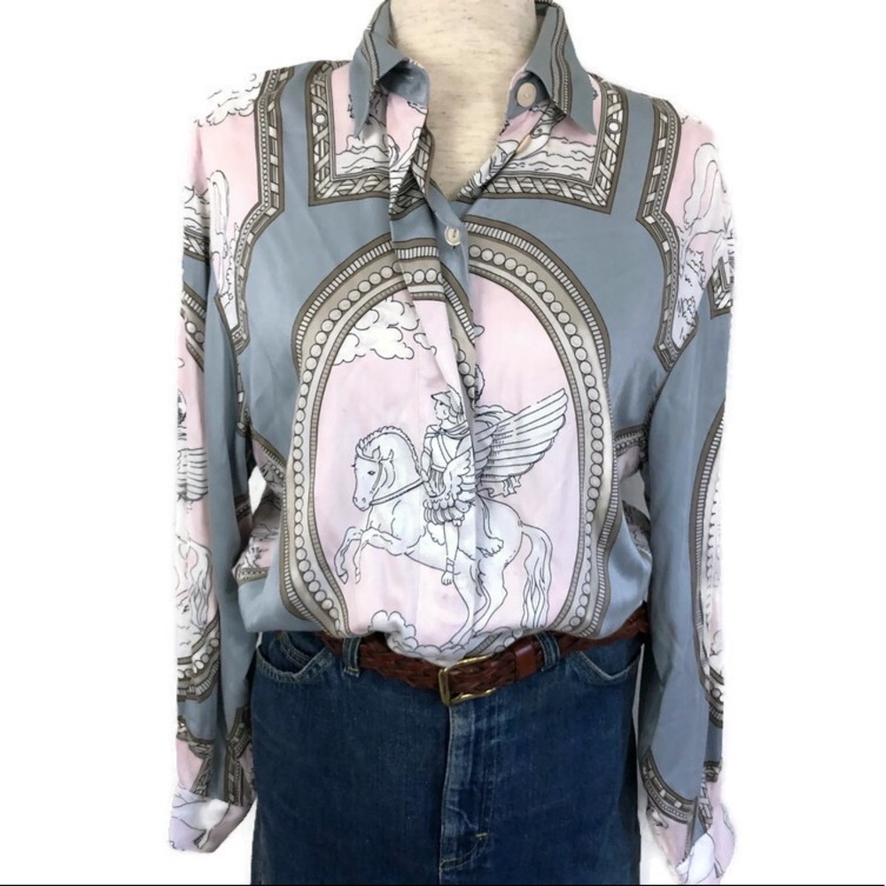 Mondi W Germany  pastel silk blouse; mythological scene, exquisite! 34